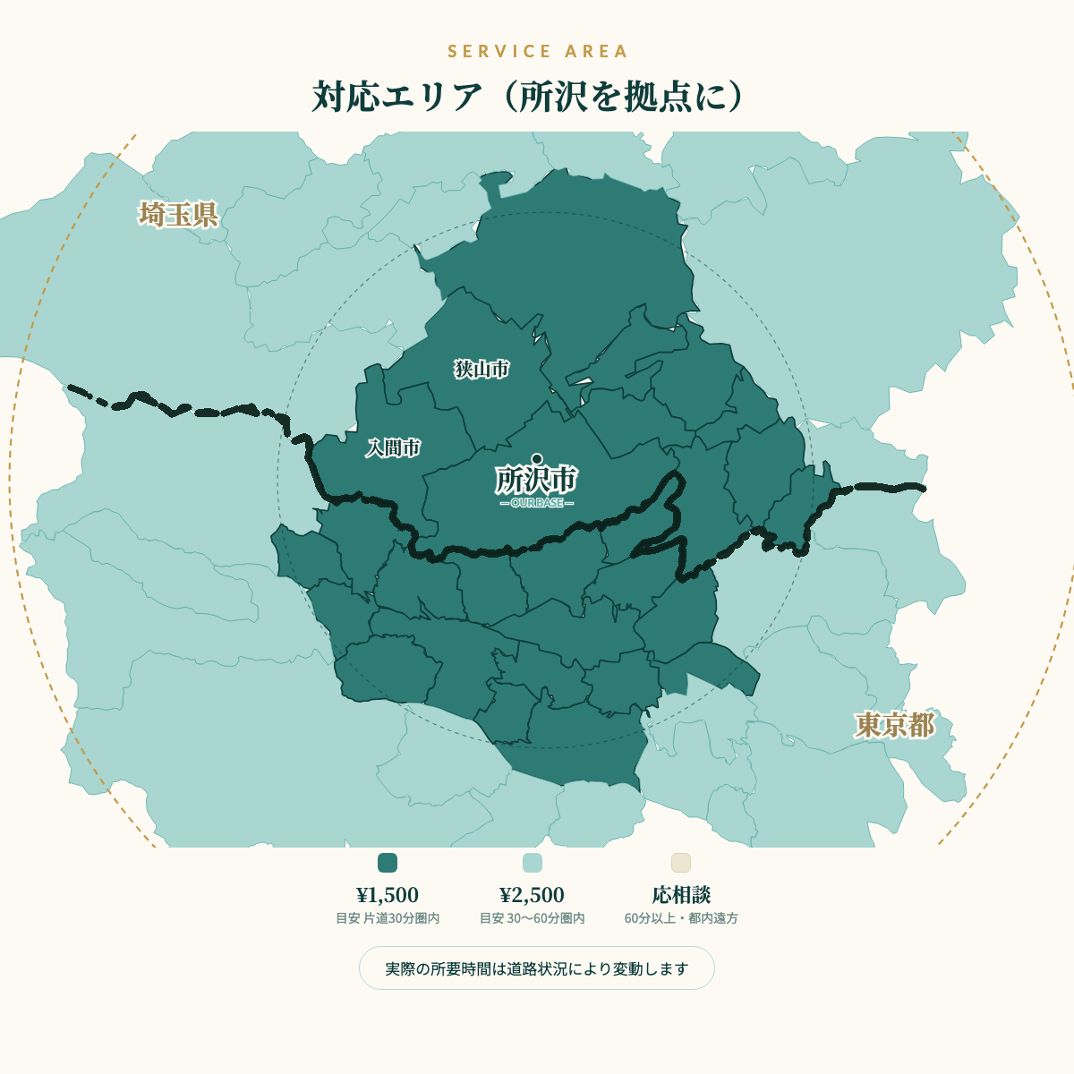 対応エリアの地図。所沢市を拠点に片道30分圏内¥1,500、30〜60分圏内¥2,500、60分以上は応相談